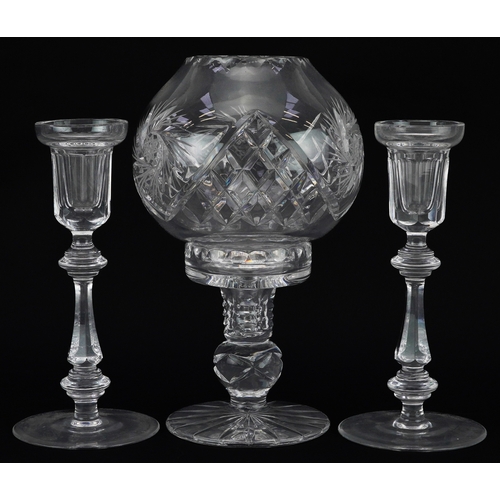 745 - Three cut glass candlesticks comprising one with globular shade and a pair of Curraghmore examples b... 