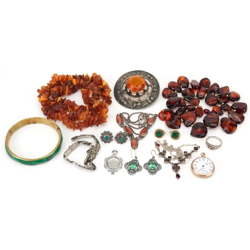 2794 - Antique and later jewellery, some silver including amber necklaces, antique style green and clear pa... 