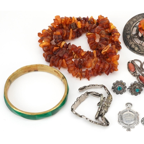 2794 - Antique and later jewellery, some silver including amber necklaces, antique style green and clear pa... 