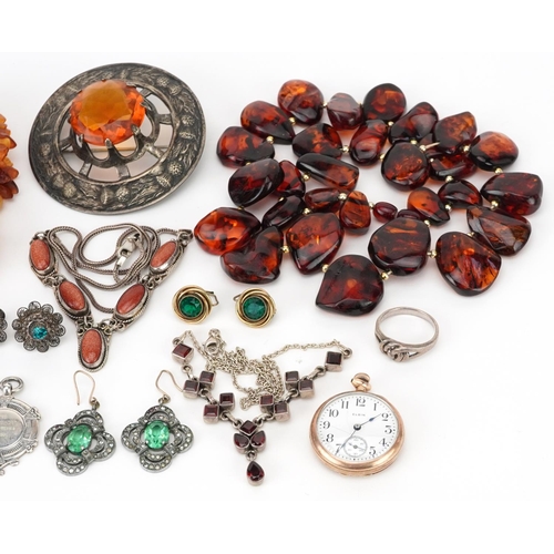 2794 - Antique and later jewellery, some silver including amber necklaces, antique style green and clear pa... 