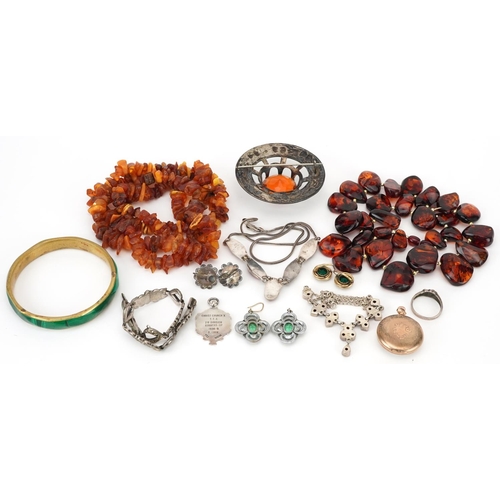 2794 - Antique and later jewellery, some silver including amber necklaces, antique style green and clear pa... 