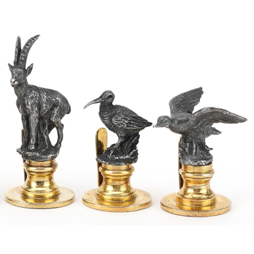 302 - Gucci, set of six Italian silver and silver gilt menu/name place card holders in the form of game in... 