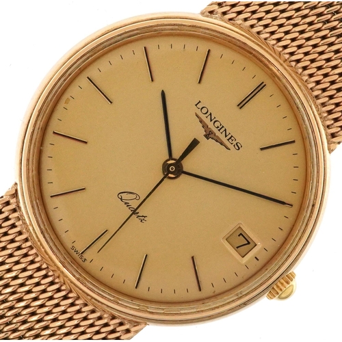 Longines, gentlemen's 9ct gold Longines quartz wristwatch with date aperture on a 9ct gold mesh link bracelet, the case numbered 20427802, with box and paperwork, 33mm in diameter, total 63.5g