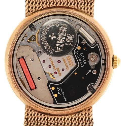 2211 - Longines, gentlemen's 9ct gold Longines quartz wristwatch with date aperture on a 9ct gold mesh link... 