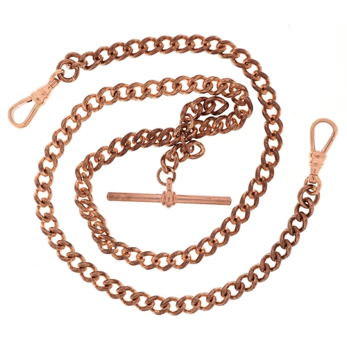2221 - 9ct rose gold watch chain with two swivelling dog clip clasps and T bar, 46cm in length, 41.2g