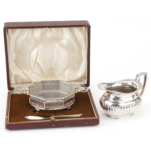 179 - Silver items comprising butter dish with twin handles and knife housed in a fitted case and a Mappin... 