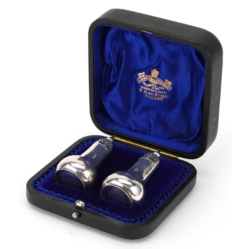 234 - Atkin Brothers, pair of Art Nouveau silver casters housed in a James Ramsey Dundee velvet and silk l... 