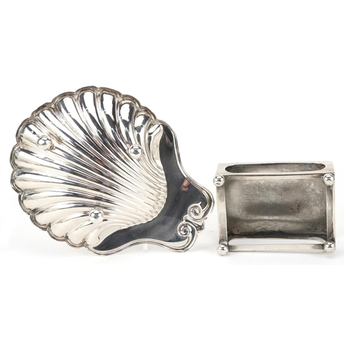 236 - Edwardian and later silver items including a shell shaped dish, rectangular matchbox holder, mother ... 