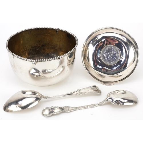 178 - Silver items comprising American sterling circular bowl, two American sterling spoons and a South Af... 