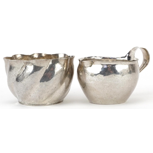 36 - Robert Temple for Keswick School of Industrial Arts, Arts & Crafts silver planished jug and sugar bo... 