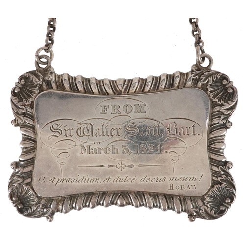 Sir Walter Scott interest George IV Scottish silver decanter label with presentation inscription From Sir Walter Scott, Bart, March 3rd 1824 and Latin inscription, Oh, and my death and my sweet grace, Horat, Edinburgh 1823, 7.5cm wide, 39.8g
