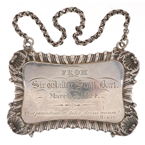 37 - Sir Walter Scott interest George IV Scottish silver decanter label with presentation inscription Fro... 