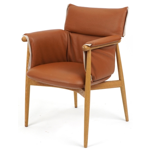 Carl Hansen & Son, Danish lightwood and brown leather upholstery embrace armchair, plaque to the underside numbered 1032883