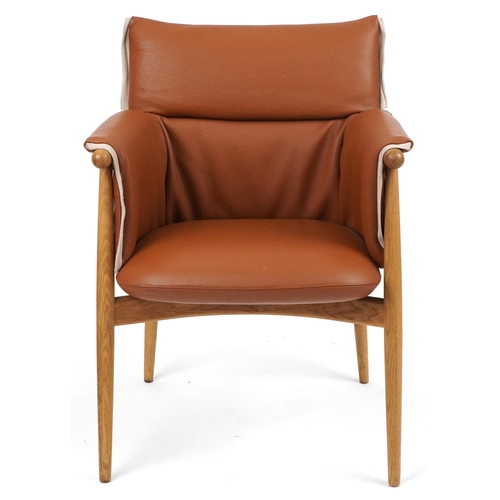 1001 - Carl Hansen & Son, Danish lightwood and brown leather upholstery embrace armchair, plaque to the und... 