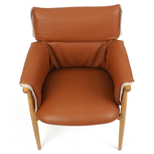 1001 - Carl Hansen & Son, Danish lightwood and brown leather upholstery embrace armchair, plaque to the und... 