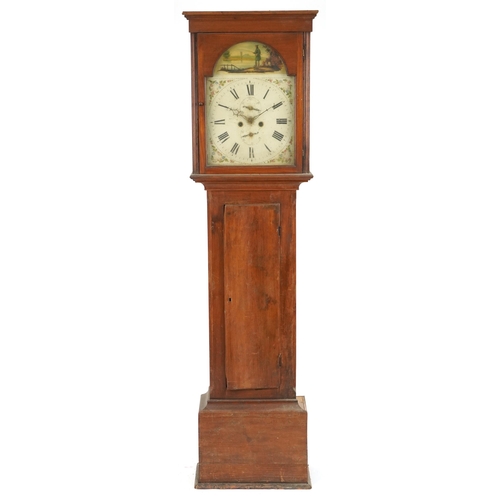 1191 - 19th century mahogany longcase clock with enamelled face hand painted with a fisherman having a circ... 