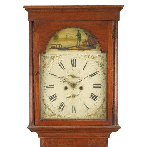 1191 - 19th century mahogany longcase clock with enamelled face hand painted with a fisherman having a circ... 