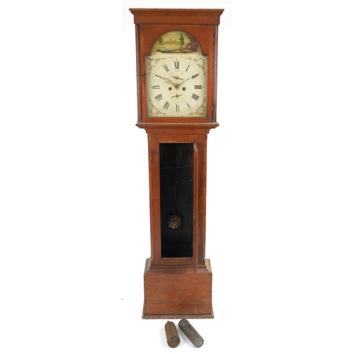 1191 - 19th century mahogany longcase clock with enamelled face hand painted with a fisherman having a circ... 