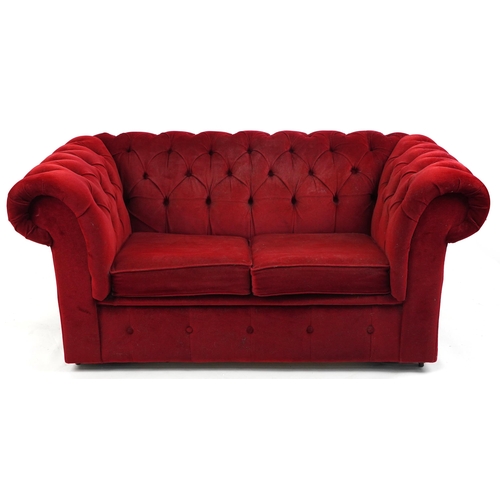 1179 - Chesterfield two seater settee/sofa bed with red button back upholstery, 73cm H x 152cm W x 88cm D