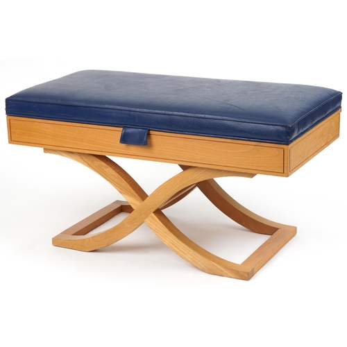 1119 - Contemporary light oak butler's luggage stand with blue leather upholstered cushioned seat, 55cm D x... 