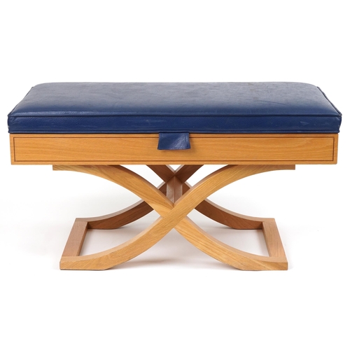 1119 - Contemporary light oak butler's luggage stand with blue leather upholstered cushioned seat, 55cm D x... 