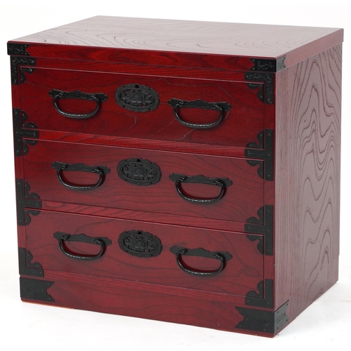 1049 - Chinese cherry wood type three drawer chest with cast black metal mounts, 57cm H x 60cm W x 40.5cm D