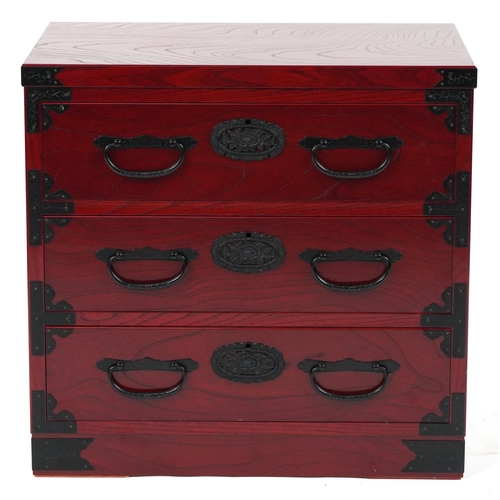 1049 - Chinese cherry wood type three drawer chest with cast black metal mounts, 57cm H x 60cm W x 40.5cm D