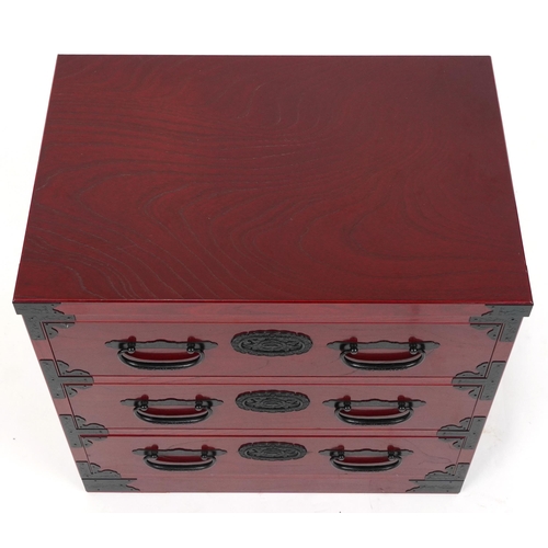 1049 - Chinese cherry wood type three drawer chest with cast black metal mounts, 57cm H x 60cm W x 40.5cm D