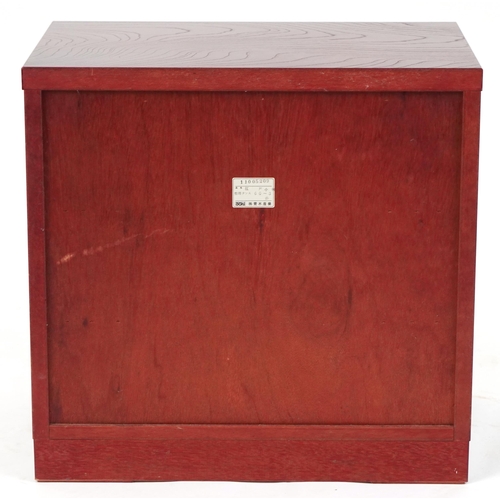 1049 - Chinese cherry wood type three drawer chest with cast black metal mounts, 57cm H x 60cm W x 40.5cm D