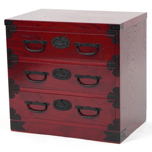 1050 - Chinese cherry wood type three drawer chest with cast black metal mounts, 57cm H x 60cm W x 40.5cm D