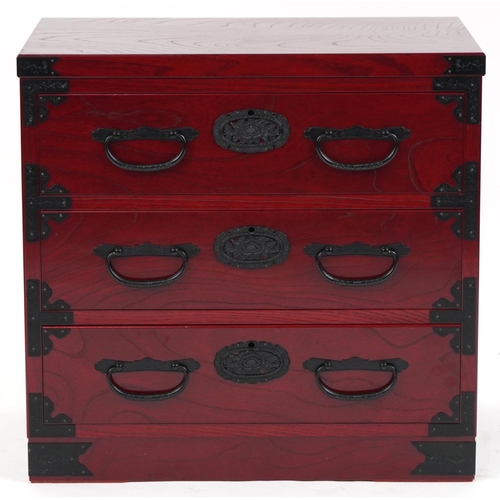 1050 - Chinese cherry wood type three drawer chest with cast black metal mounts, 57cm H x 60cm W x 40.5cm D