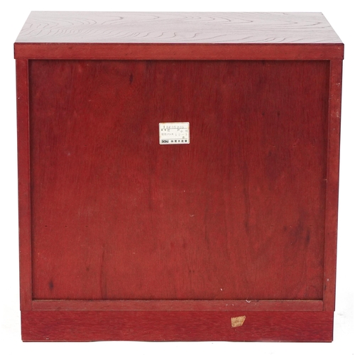 1050 - Chinese cherry wood type three drawer chest with cast black metal mounts, 57cm H x 60cm W x 40.5cm D