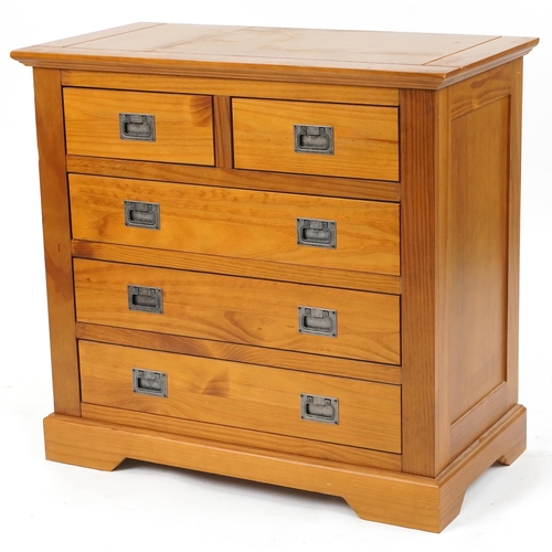 1177 - Contemporary light oak five drawer chest with inset silvered metal handles, 79cm H x 84cm W x 44cm D