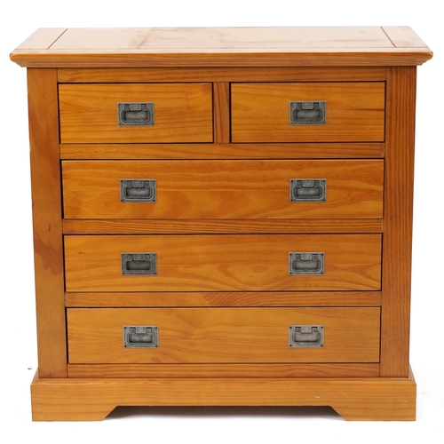 1177 - Contemporary light oak five drawer chest with inset silvered metal handles, 79cm H x 84cm W x 44cm D