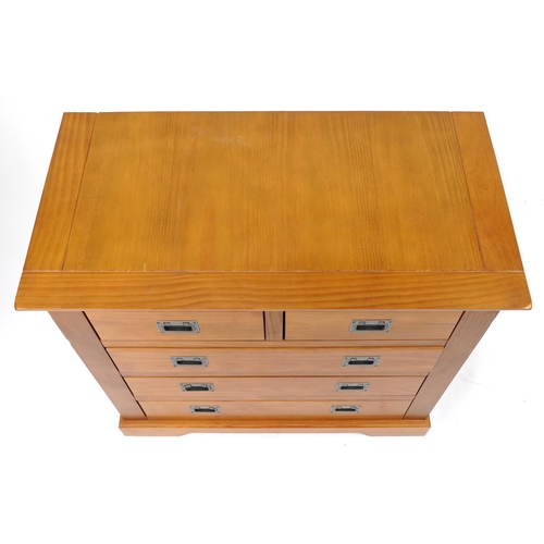 1177 - Contemporary light oak five drawer chest with inset silvered metal handles, 79cm H x 84cm W x 44cm D