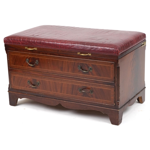 1150 - Mahogany butler's luggage stand with red leather faux crocodile skin lift up top and two drawers, 54... 