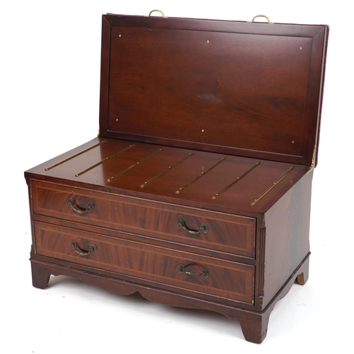 1150 - Mahogany butler's luggage stand with red leather faux crocodile skin lift up top and two drawers, 54... 