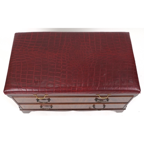 1150 - Mahogany butler's luggage stand with red leather faux crocodile skin lift up top and two drawers, 54... 