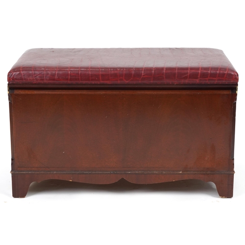 1150 - Mahogany butler's luggage stand with red leather faux crocodile skin lift up top and two drawers, 54... 