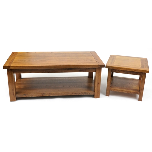 1112 - Two contemporary golden oak tables including a centre table, the largest 48cm H x 121cm W x 60cm D