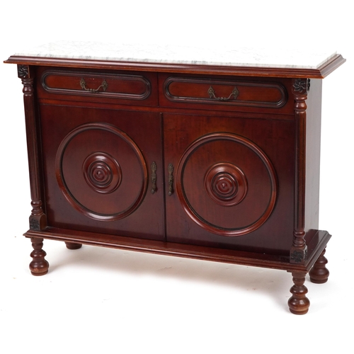 1098 - Mahogany side cabinet with inset marble top and reeded columns fitted with two drawers above a pair ... 