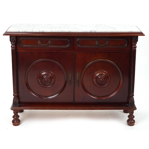 1098 - Mahogany side cabinet with inset marble top and reeded columns fitted with two drawers above a pair ... 