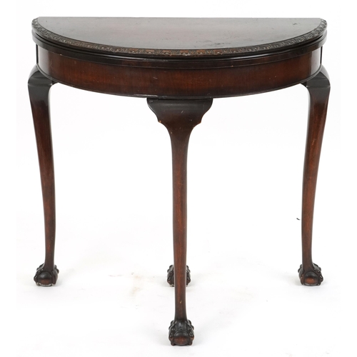 1174 - Georgian style mahogany demi lune fold over card table with green baize lined interior on cabriole l... 