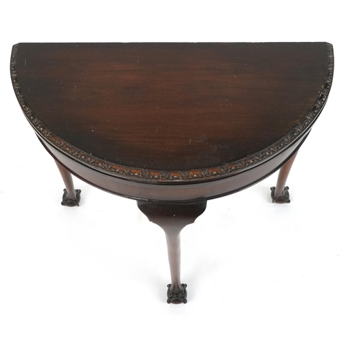 1174 - Georgian style mahogany demi lune fold over card table with green baize lined interior on cabriole l... 