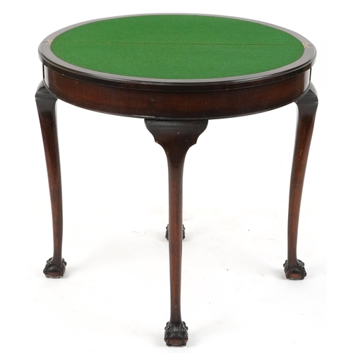 1174 - Georgian style mahogany demi lune fold over card table with green baize lined interior on cabriole l... 