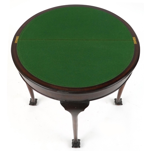 1174 - Georgian style mahogany demi lune fold over card table with green baize lined interior on cabriole l... 