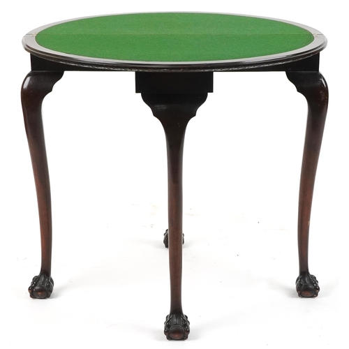 1174 - Georgian style mahogany demi lune fold over card table with green baize lined interior on cabriole l... 