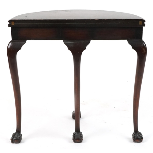 1174 - Georgian style mahogany demi lune fold over card table with green baize lined interior on cabriole l... 