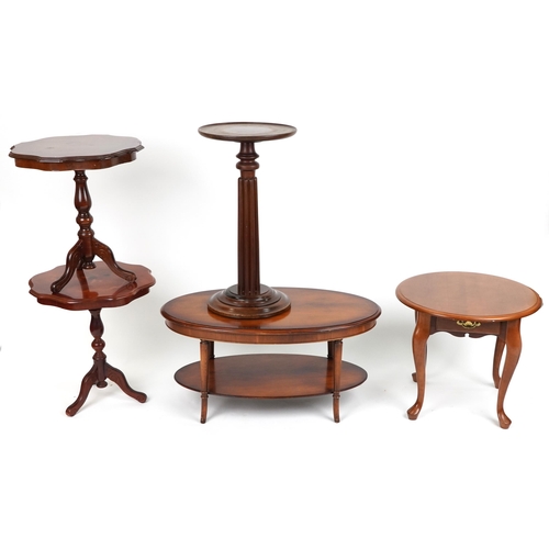 1210 - Mahogany occasional furniture comprising inlaid oval coffee table with under tier, pair of Italian s... 