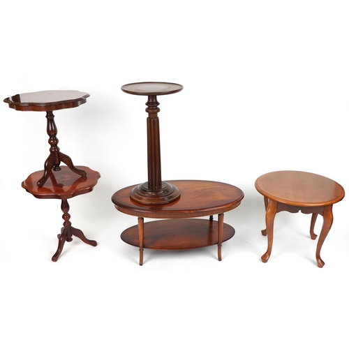 1210 - Mahogany occasional furniture comprising inlaid oval coffee table with under tier, pair of Italian s... 